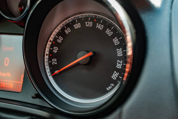 istock Modern car speedometer,odometer,tachometer and illuminated dashboard. car dashboard modern automobile controlilluminated panel speed display.Car instrument panel.Close up.Selective focus. 2112352868