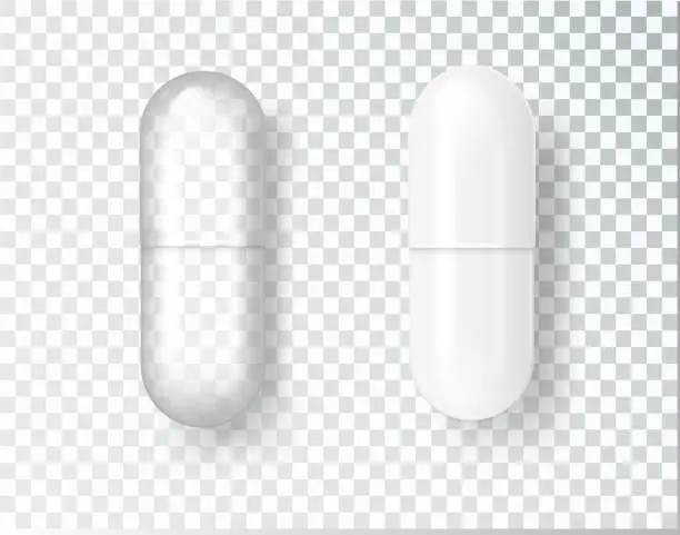 Vector illustration of Pill Medical capsule tablet icon isolated on transparent grid background. Vector realistic