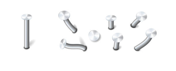istock Nails hammered into wall steel straight and bent metal hardware spikes. Hobnails with grey caps top view isolated on transparent background. Vector 2112363088