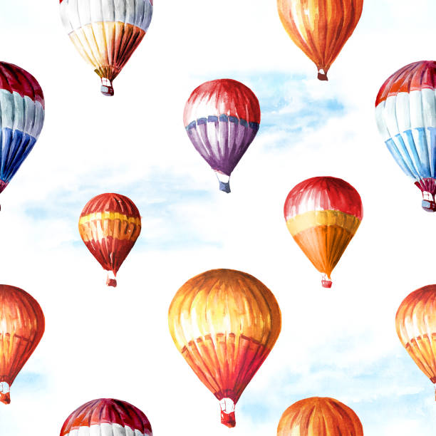 istock Colorful Air Balloons in the cloudy sky. Hand drawn watercolor seamless pattern isolated on white background 2112363643