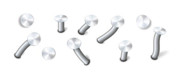 istock Nails hammered into wall steel straight and bent metal hardware spikes. Hobnails with grey caps top view isolated on transparent background. Vector 2112363651