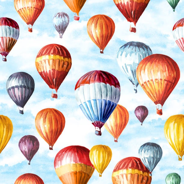 istock Colorful Air Balloons in the blue cloudy sky. Hand drawn watercolor seamless pattern 2112364188