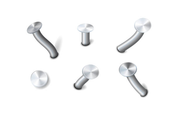 istock Nails hammered into wall steel straight and bent metal hardware spikes. Hobnails with grey caps top view isolated on transparent background. Vector 2112365254