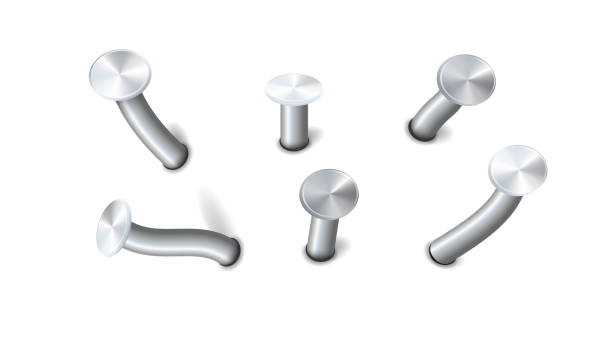 istock Nails hammered into wall steel straight and bent metal hardware spikes. Hobnails with grey caps top view isolated on transparent background. Vector 2112366348