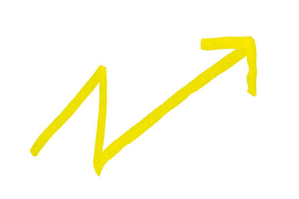 Hand drawn yellow arrow drawn with marker pen on white background. Clipping path.