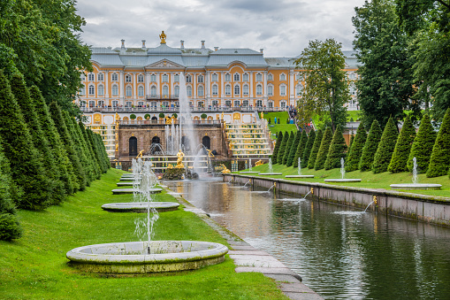 Saint Petersburg, Russia - August 2022: Grand Cascade of Peterhof Palace