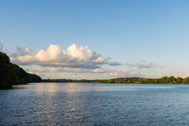 Panoramic view of a beautiful lake near Hamburg (Germany) on a summer day.