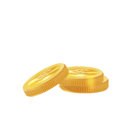 Realistic golden coins pile. Stacks of gold money, cash or treasure. Bank and finance. Investment, profit or gain. Copy space. Vector illustration