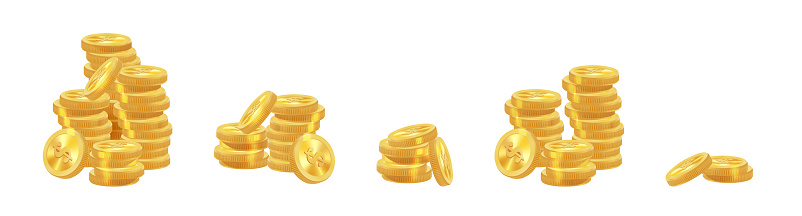 Realistic golden coins pile. Stacks of gold money, cash or treasure. Bank and finance. Investment, profit or gain. Copy space. Vector illustration