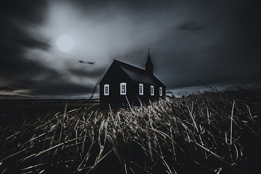 The little black church of Budir, Búðakirkja Black Church. South coast of Snaefellsnes peninsula In the West of Winter Iceland