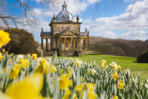 Castle Howard, York, UK - March 23, 2024.  A panoramic landscape of The Temple Of The Four Winds in the gardens of the British Stately Home of Castle Howard with Springtime daffodils