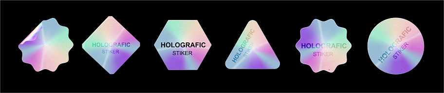 Holographic stickers. Hologram labels shapes. Holographic textured stickers for preview tags, labels. Sticker for design mockups. Vector illustration