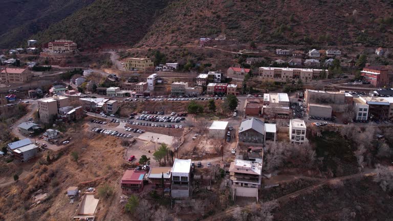 Jerome, Arizona USA. Drone Shot of Old Mining Town, Hillside Buildings and Streets