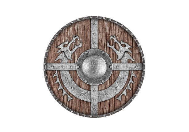 istock Old decorated wooden round shield isolated on white background 2112432789