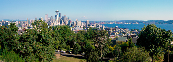 A view across the Puget Sound toward Seattle, the Space Needle, and Cascade mountatins, Washington State.