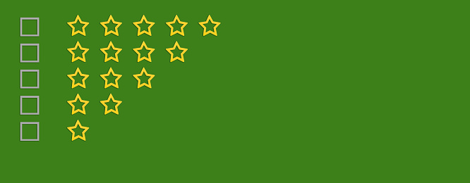 Gold, gray five stars shape on a green background. Rating stars with tick. Feedback evaluation. Rank quality. Check boxes