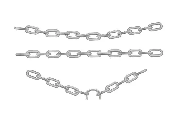 Vector illustration of Free metal chain with whole or break steel chrome links. Collection of seamless metal chains colored silver. Vector
