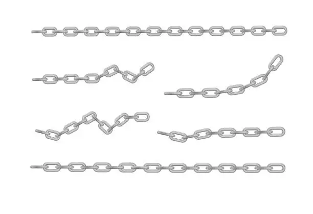 Vector illustration of Free metal chain with whole or break steel chrome links. Collection of seamless metal chains colored silver. Vector