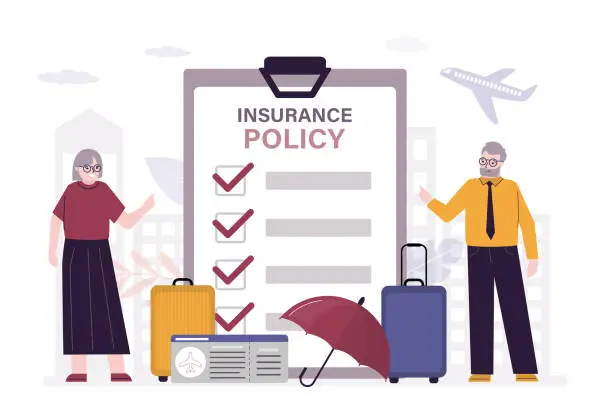 Vector illustration of Elderly tourists with insurance policy. Online service for buying travel, medical or life insurance. Travelling by airplane safely.
