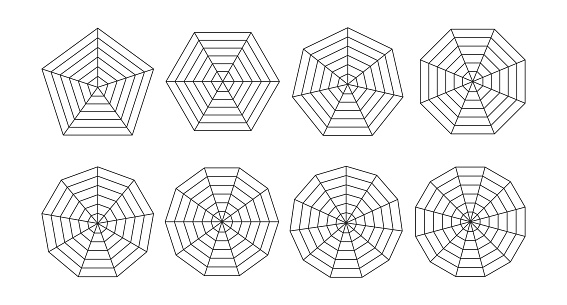 Set of black polar grid. Spider Radar Chart Diagram. pentagon, quadrilateral, hexagon, octagon. Vector illustration.