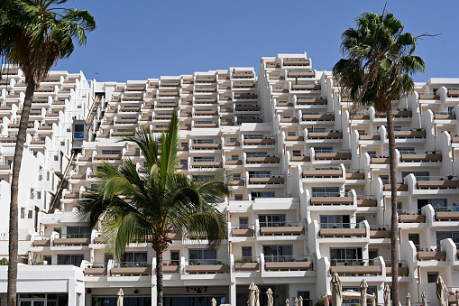 Morro Jable, Fuerteventura, Spain, February 18, 2024 - Hotel on the beach of Jandia, Fuerteventura.