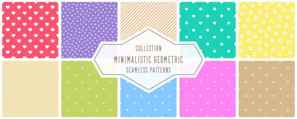 Vector illustration of Collection of simple seamless color geometric patterns. Delicate minimalistic cute backgrounds. Beautiful funky textile unusual prints