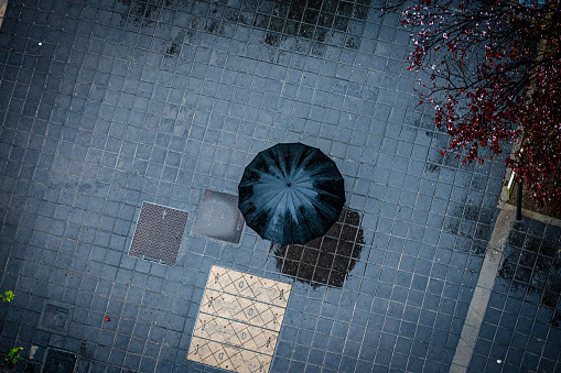 Overhead view of a person under black unbrella walking in a rainy day