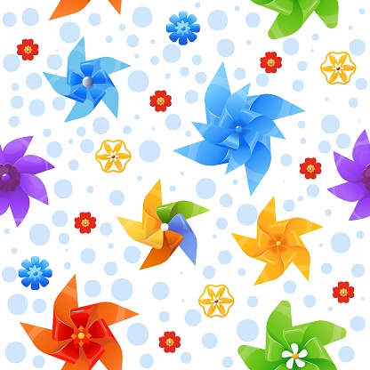 Color pinwheels seamless pattern. Cartoon windmills toys. Repeated print. Round spinning origami. Summer kids paper propellers. Holiday rotated fans. Breeze mills twirl. Vane blades. Vector background