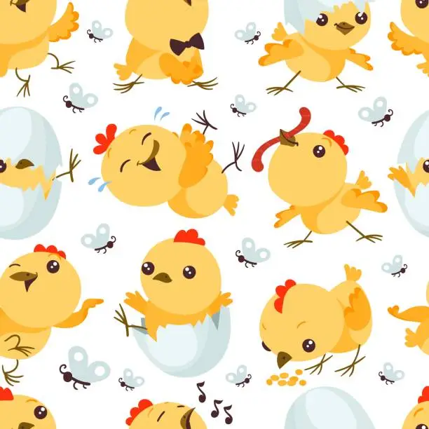 Vector illustration of Cute chicken seamless pattern. Cartoon bird character. Funny Easter mascot. Repeated print. Yellow baby nestling. Domestic animal. Birdie eating worm or grains. Splendid vector background