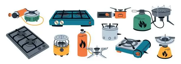 Vector illustration of Gas stoves. Travel and hiking portable burners. Cooking outdoors device. Camping furnace. Propane cylinder. Fuel balloon. Touristic kitchen equipment. Fire flame cooker. Garish vector set