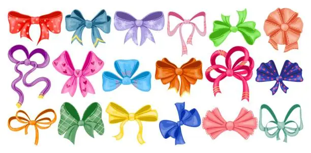 Vector illustration of Cartoon gift bows. Decorative ribbons. Holiday box tying. Cute bowknots. Birthday party presents packaging. Holiday celebration. Satin accessories. Curling silk bands. Recent vector set