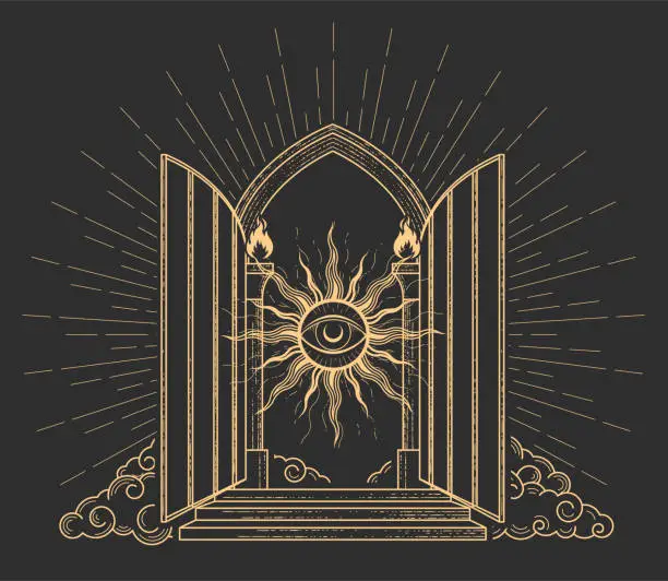 Vector illustration of Open gates of heaven with sun and all-seeing eye, portal with grate door in clouds, arch entrance to paradise, vector