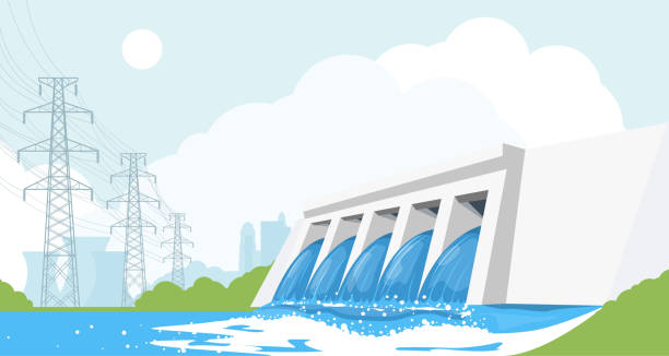 istock Hydroelectric power plant, river dam, hydropower energy generation reservoir, high-voltage power lines and city, power supply, vector 2112556197