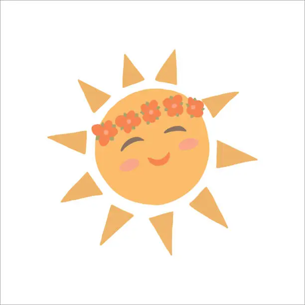 Vector illustration of Cheerful Cartoon Sun With Floral Crown Welcoming the Spring Season