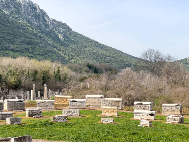 view of the ancient city of ephesus, founded in ancient anatolia - letter c imagens e fotografias de stock