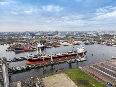 The Port of Amsterdam is the second largest port in the Netherlands. Drone point of view.