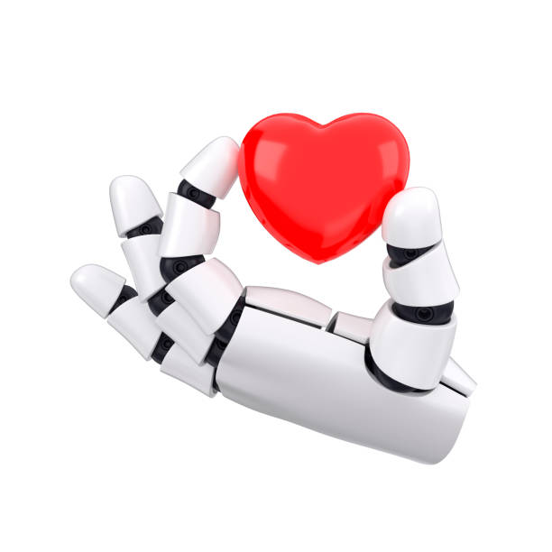 istock White bot hand giving or presenting heartshape sign. Isolated AI or automated concept. 3d rendering 2112604188
