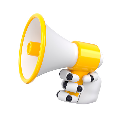 White bot hand hold yellow megaphone. Isolated AI or automated writing concept. 3d rendering