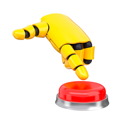 Yellow robot hand pushes red big button. Isolated AI or automated concept. 3d rendering