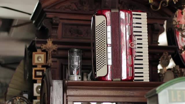 An Old Piano Accordion on Display in An Antique Shop. Close up.