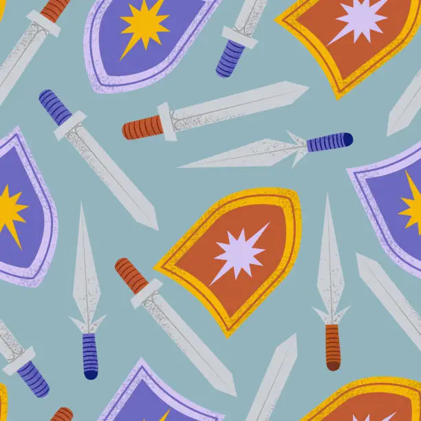 Vector illustration of Hand drawn seamless pattern with swords and shields