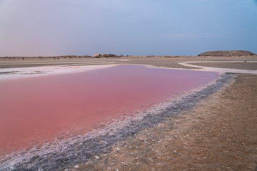 Crystalize salt at Pink lake of Jalan Bani Bu Ali at sunset. Oman