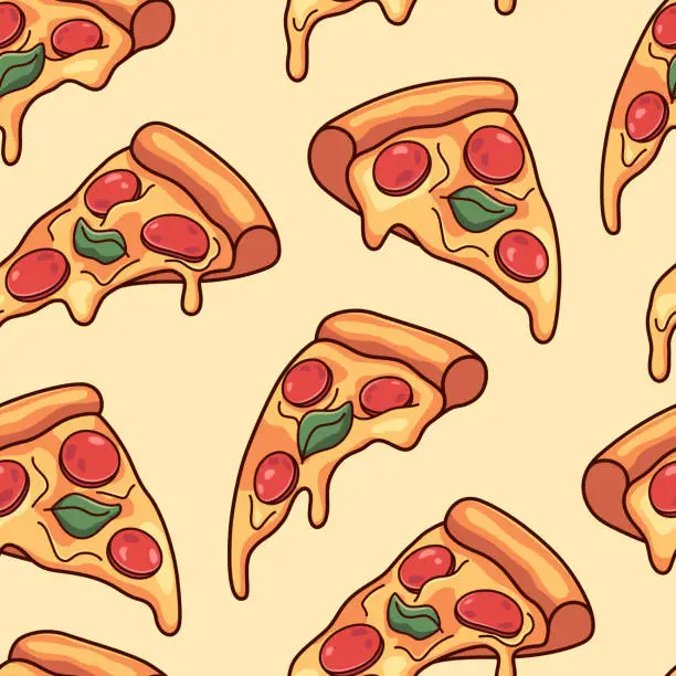 Vector illustration of Pizza, pizza slices seamless pattern, background. Cartoon style doodle drawings, vector illustrations.