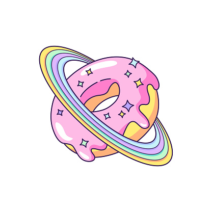 Space donut, doughnut planet with rainbow rings. Cute cartoon drawing, vector illustration
