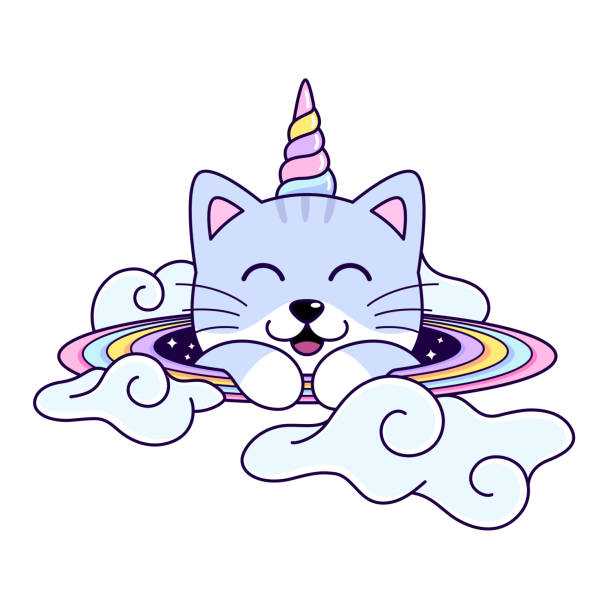 Unicorn cat head in space rainbow ring with clouds, cute magic cartoon style illustration vector art illustration