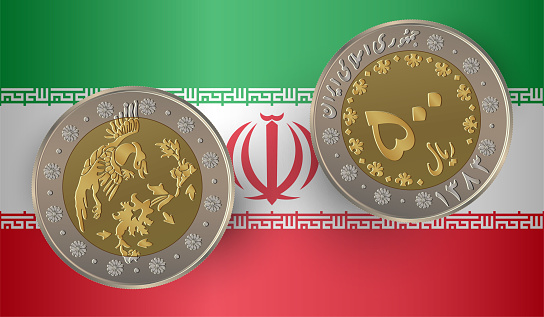 500 Iranian rial coin with the Iranian flag in the background. Vector illustration.