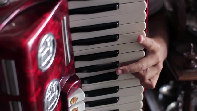 Young Boy Playing An Old Red Piano Accordion. Close Up.