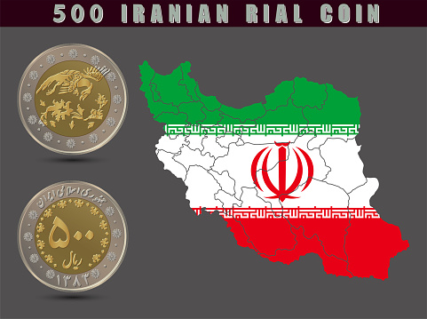500 Iranian rial coin along with a map of Iran. Vector illustration.