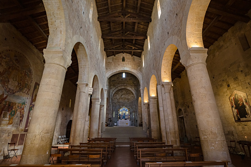 Abbadia a Isola, Tuscany, Italy - may, 2022: inside The Abbey of Santi Salvatore e Cirino (italian Abbadia a Isola), central Italy, near Monteriggioni, province of Siena, Italy