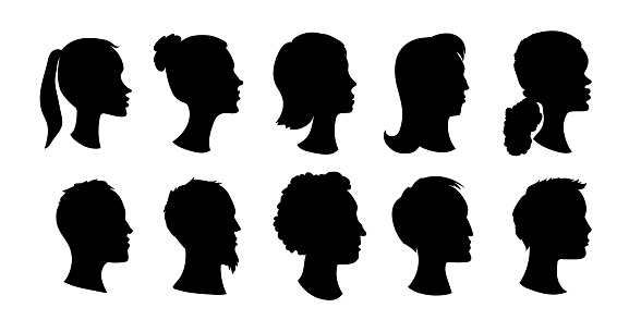 Female and male heads silhouettes. Black avatars with faces of guys and girls for social networks and web vector profile design